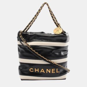 Chanel Black White Lambskin (Sheepskin) 22 Shoulder Bag