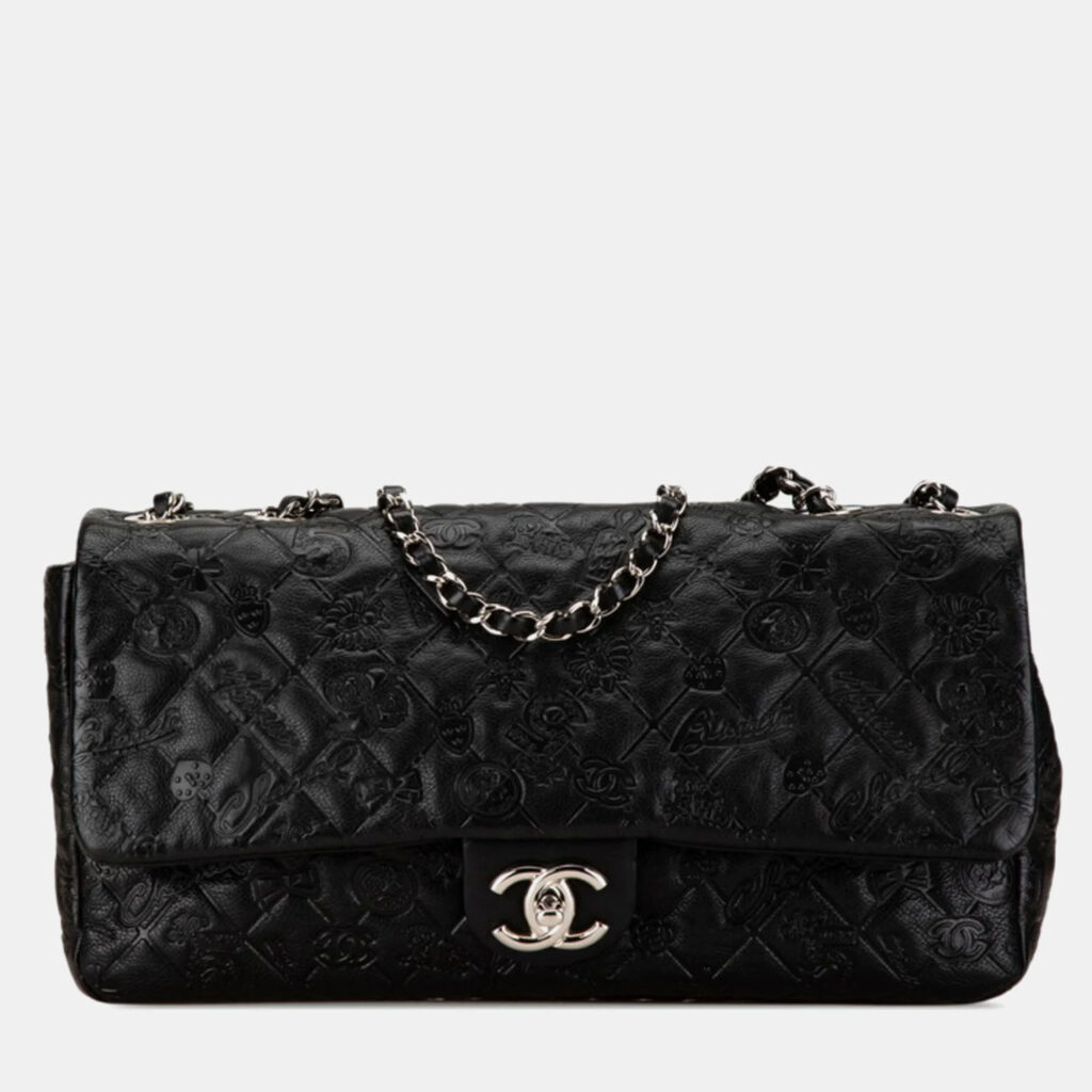 luxury-women-chanel-used-handbags-p1082818-004 Chanel Black Leather Matelasse Icon Chain Shoulder Handbag