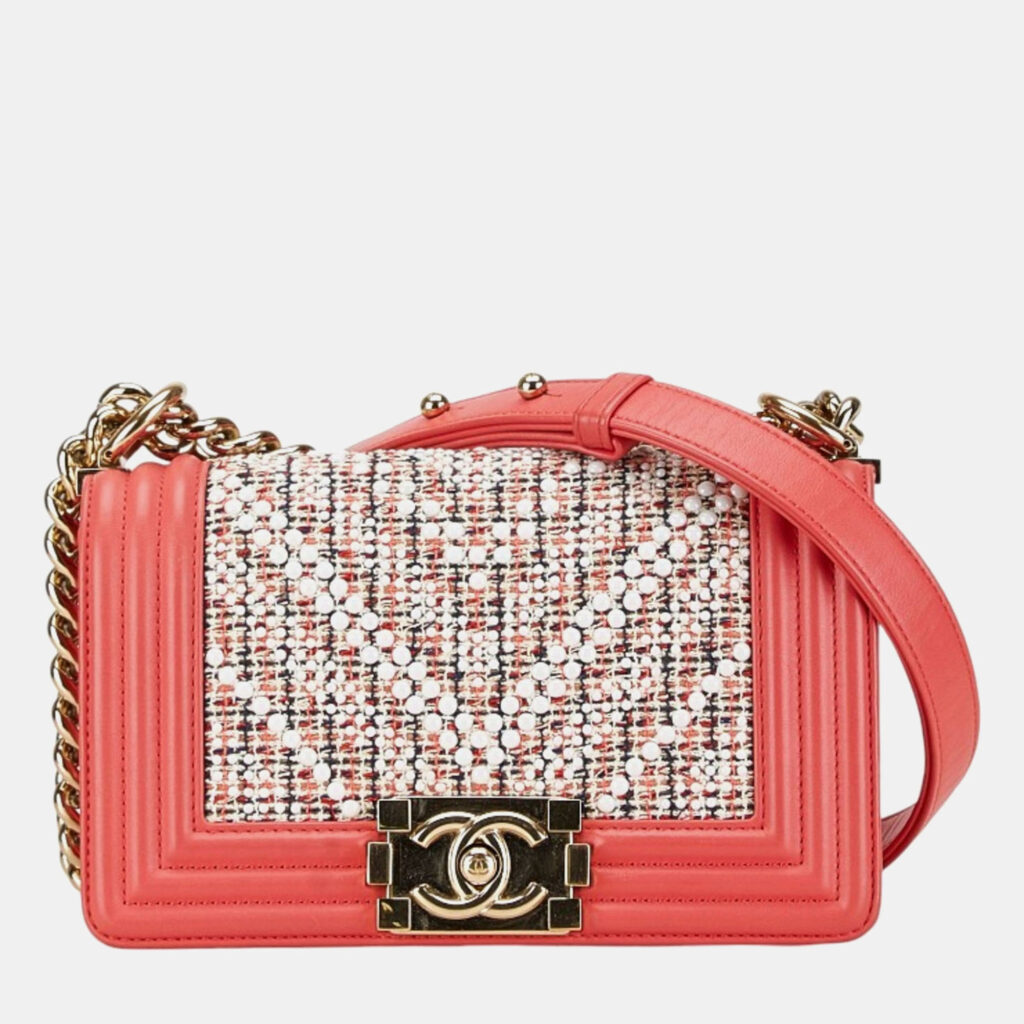 luxury-women-chanel-used-handbags-p1082942-006 Chanel Pink White Multicolor Tweed Leather Boy Coco Mark Chain Shoulder Bag