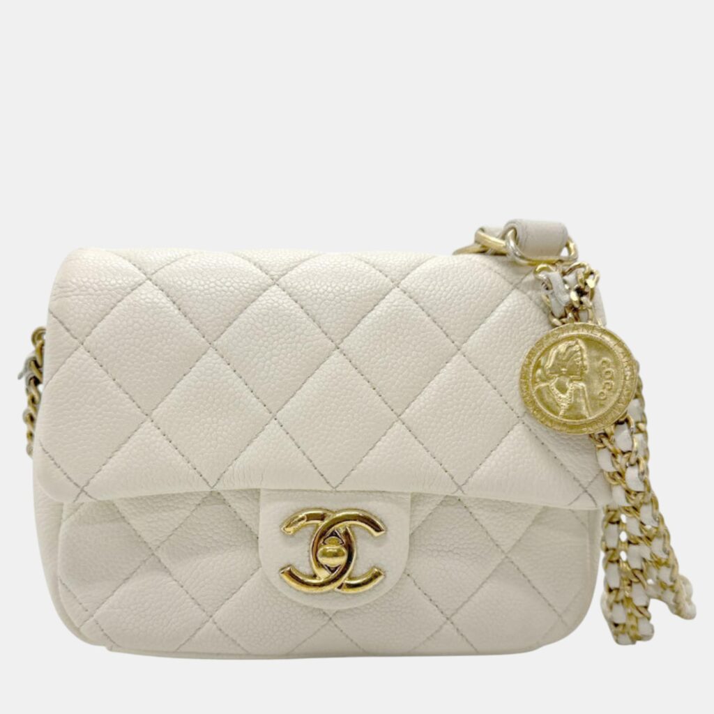 luxury-women-chanel-used-handbags-p1084956-001 Chanel Caviar Leather Metal Off-White Gold Matelasse Shoulder Bag