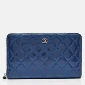 chanel blue quilted patent leather classic zip around wallet organizer