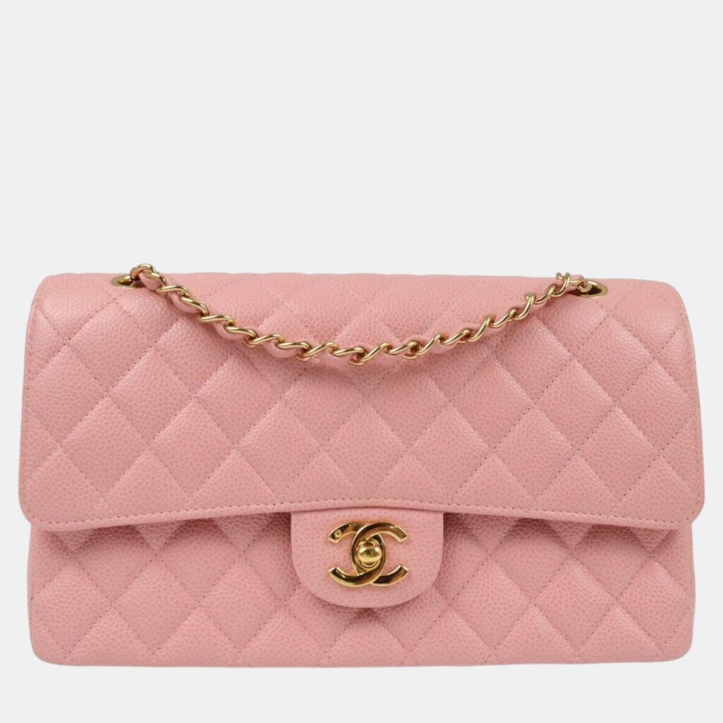 luxury-women-chanel-used-handbags-p1088277-001 Chanel Pink Calfskin Medium Classic Double Flap Shoulder Bag