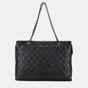 Chanel Black Silver Caviar Skin Coco Mark Chain Tote Bag
