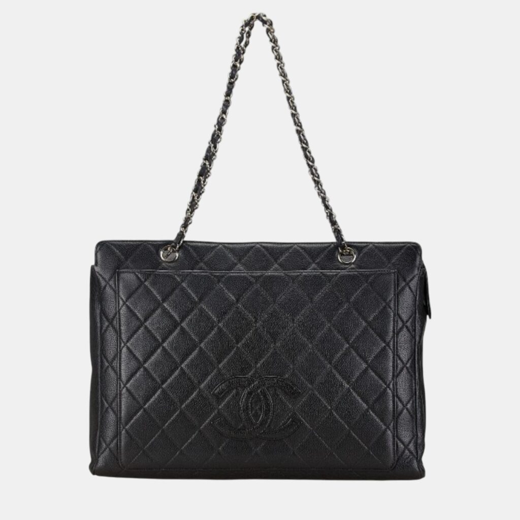 luxury-women-chanel-used-handbags-p1088676-009 Chanel Black Silver Caviar Skin Coco Mark Chain Tote Bag