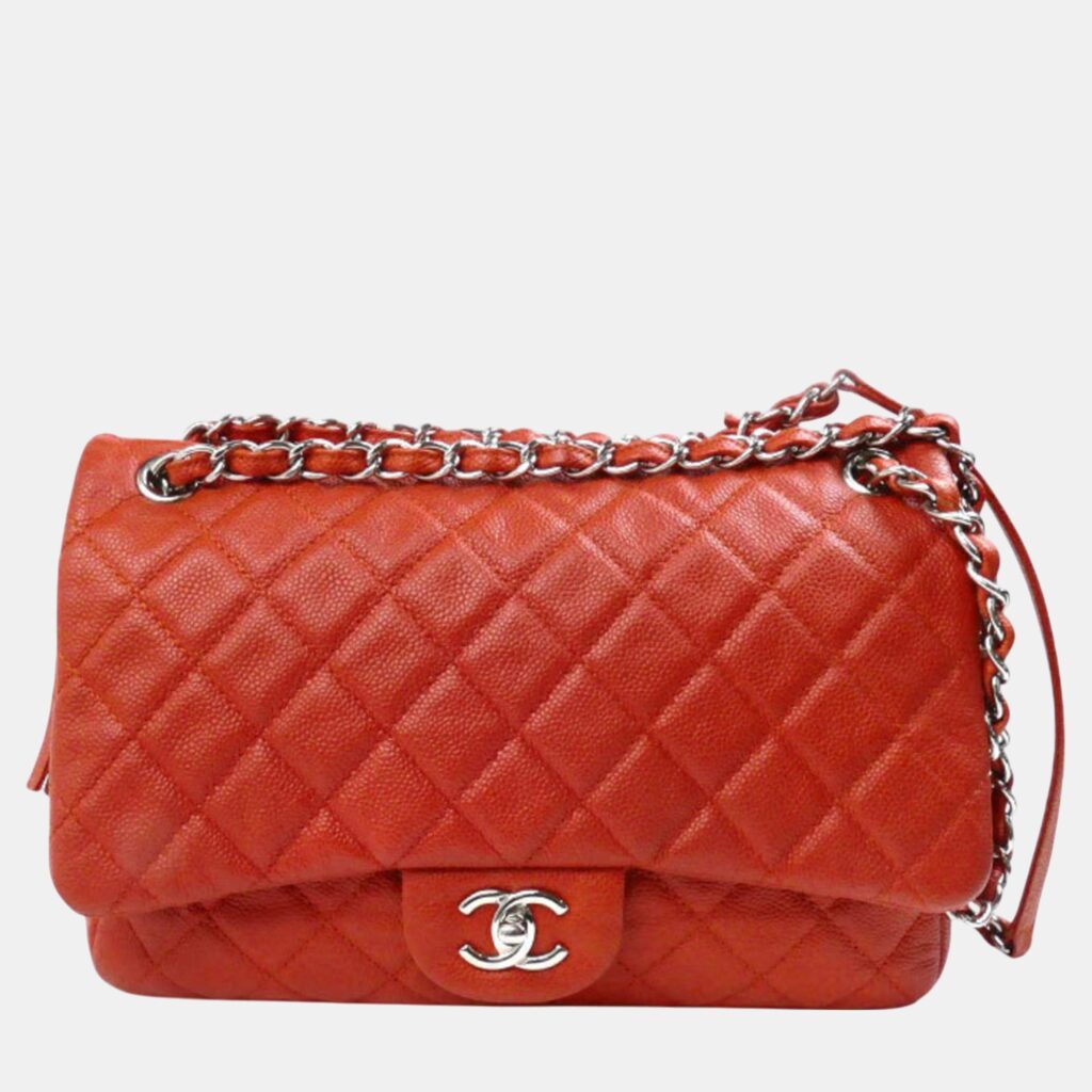 luxury-women-chanel-used-handbags-p1091382-001 Chanel Orange Caviar Leather Large Flap Shoulder Bag