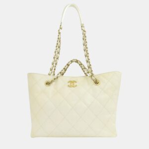 Chanel White Caviar  Leather Chain Tote Bag