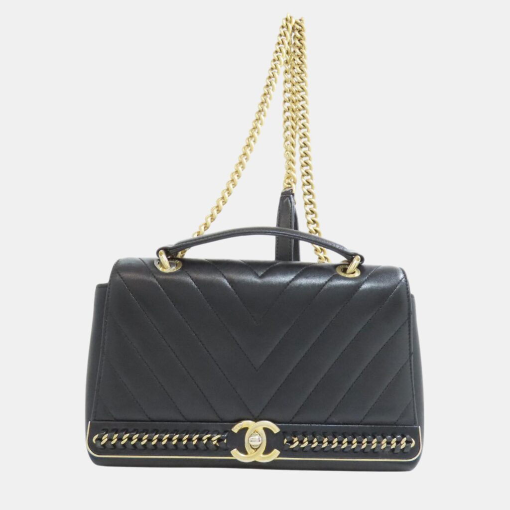 luxury-women-chanel-used-handbags-p1091404-001 Chanel Black Lambskin Leather V-Stitch Shoulder Bag
