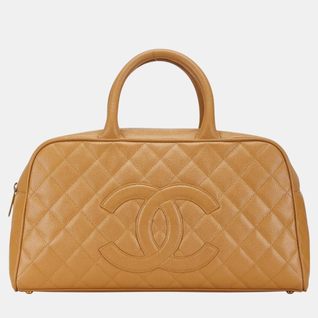 luxury-women-chanel-used-handbags-p1091444-001 Chanel Beige Caviar Leather Coco Mark Bowling Bag