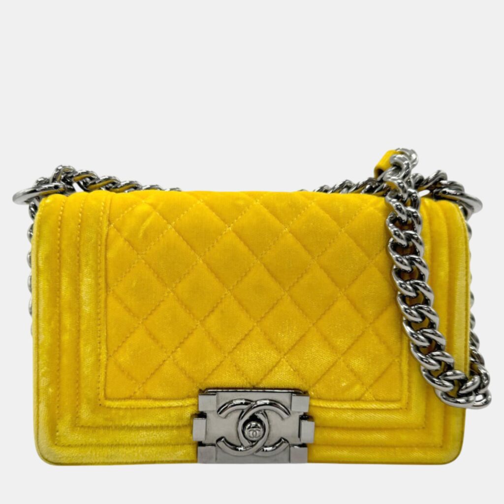 luxury-women-chanel-used-handbags-p1091918-001 Chanel Yellow Velvet Boy Chain Shoulder Bag