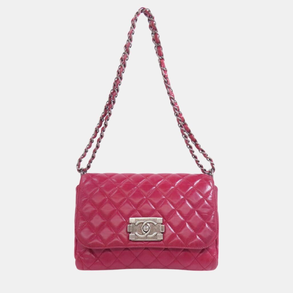 luxury-women-chanel-used-handbags-p1091922-001 Chanel Red Calfskin Leather Boy Chain Shoulder Bag