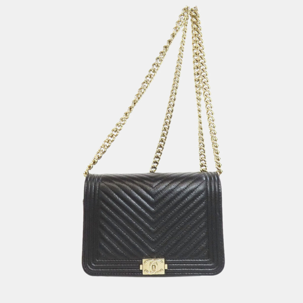 luxury-women-chanel-used-handbags-p1094700-002 Chanel Black Caviar Leather Boy Chain Wallet