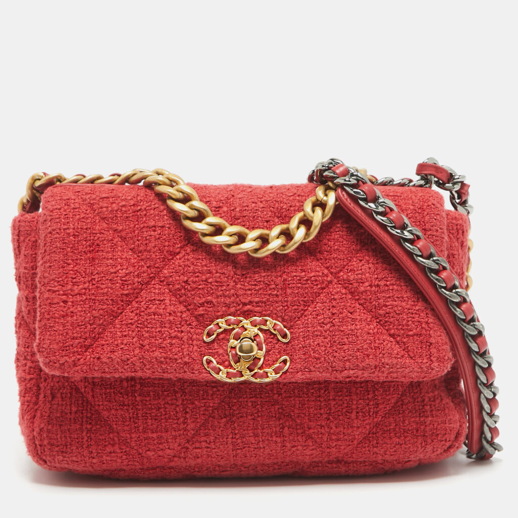 luxury-women-chanel-used-handbags-p1096214-011 Chanel Red Quilted Tweed Medium 19 Flap Bag