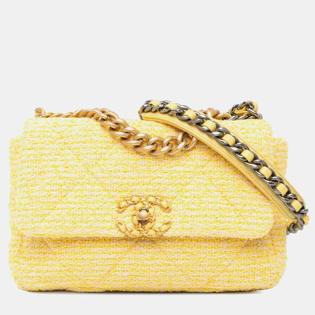 luxury-women-chanel-used-handbags-p1096754-008 Chanel Yellow Tweed Medium 19 Flap Bag