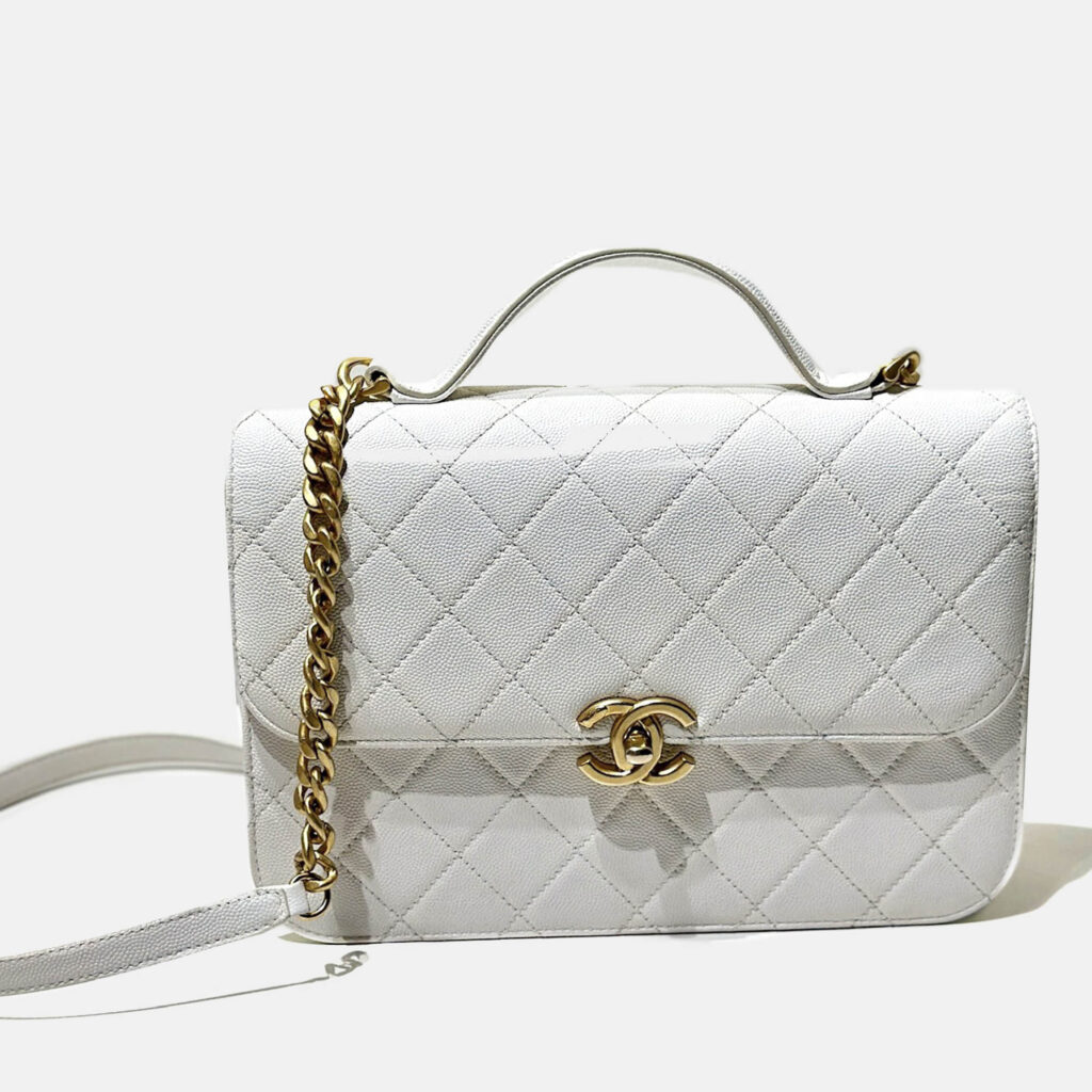 luxury-women-chanel-used-handbags-p1100397-010 Chanel White Caviar Quilted Small Top Handle Flap Bag