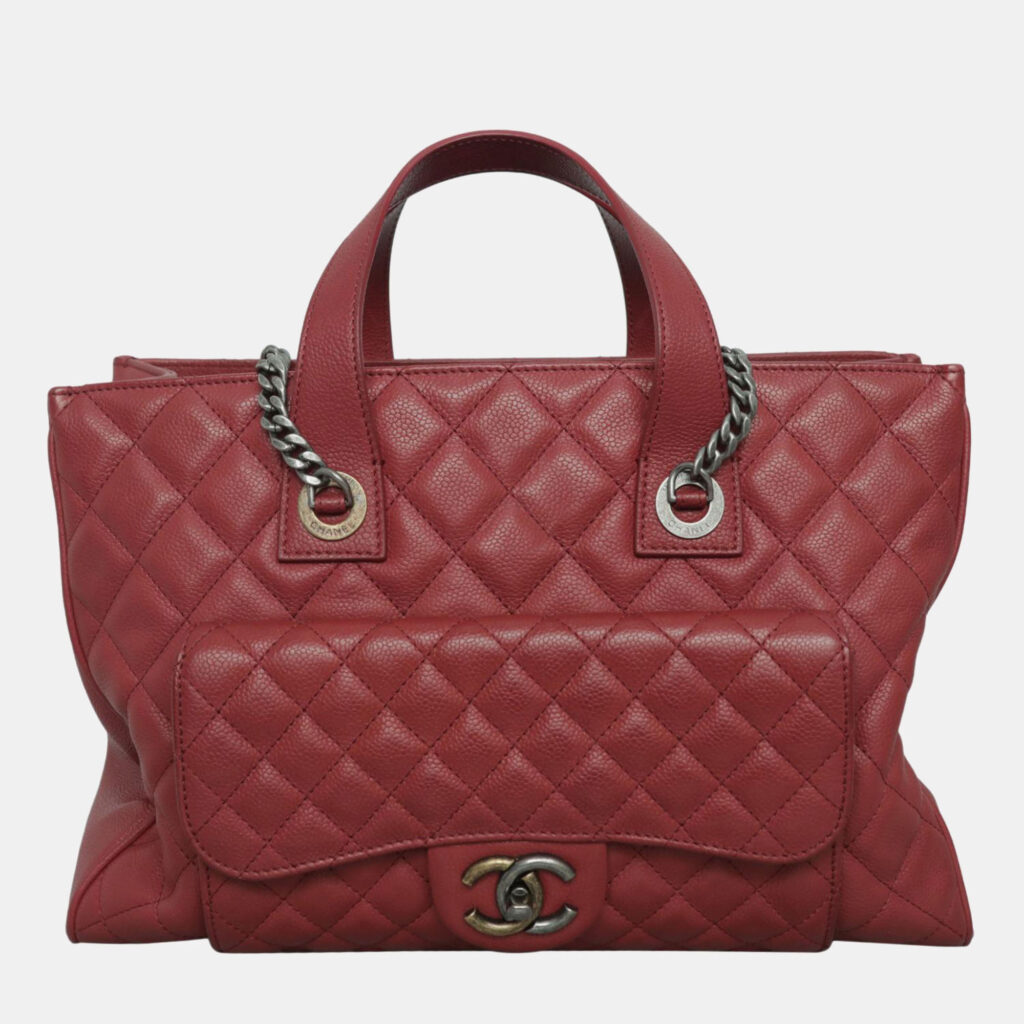 luxury-women-chanel-used-handbags-p1101033-006 Chanel Red Caviar Leather Casual Pocket Tote Bag