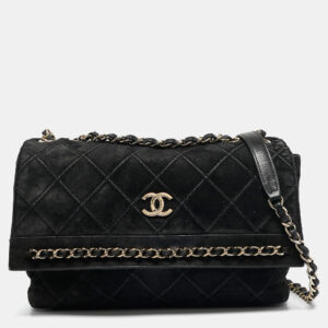 Chanel Black Diamond Stitched Suede Lovely Chains Flap Bag
