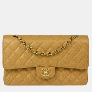 Chanel Beige Caviar Leather Medium Classic Double Flap Shoulder Bag