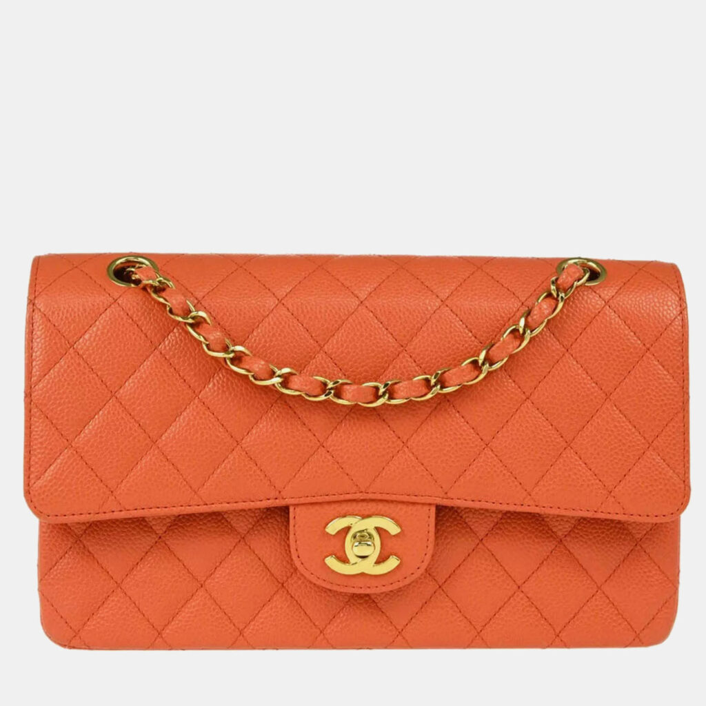luxury-women-chanel-used-handbags-p1104932-001 Chanel Orange Caviar Leather Medium Classic Double Flap Shoulder Bag