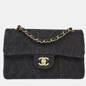 Chanel Black Denim Small Classic Double Flap Shoulder Bag