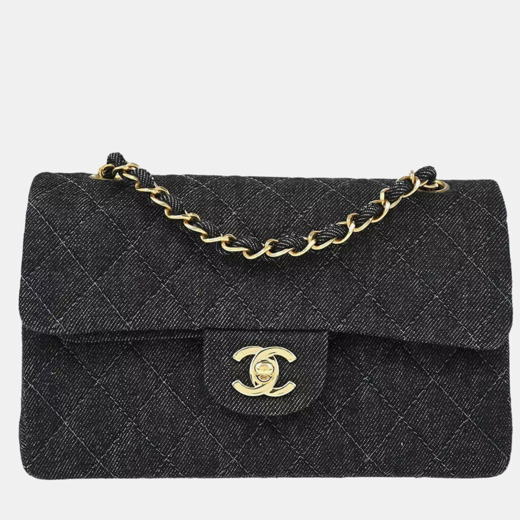 luxury-women-chanel-used-handbags-p1104933-003 Chanel Black Denim Small Classic Double Flap Shoulder Bag