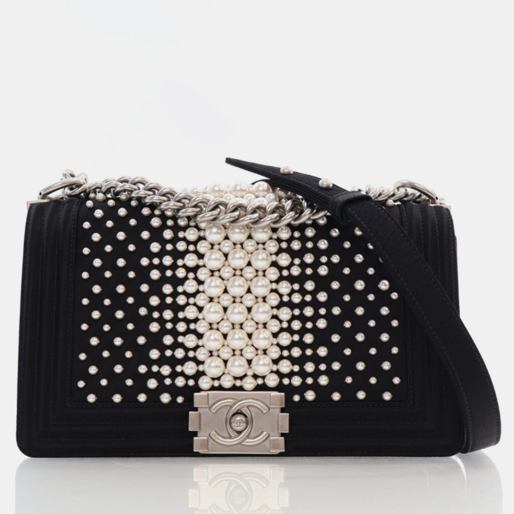 luxury-women-chanel-used-handbags-p1105650-001 Chanel Old Medium Black Satin Pearl Embellished Boy Bag