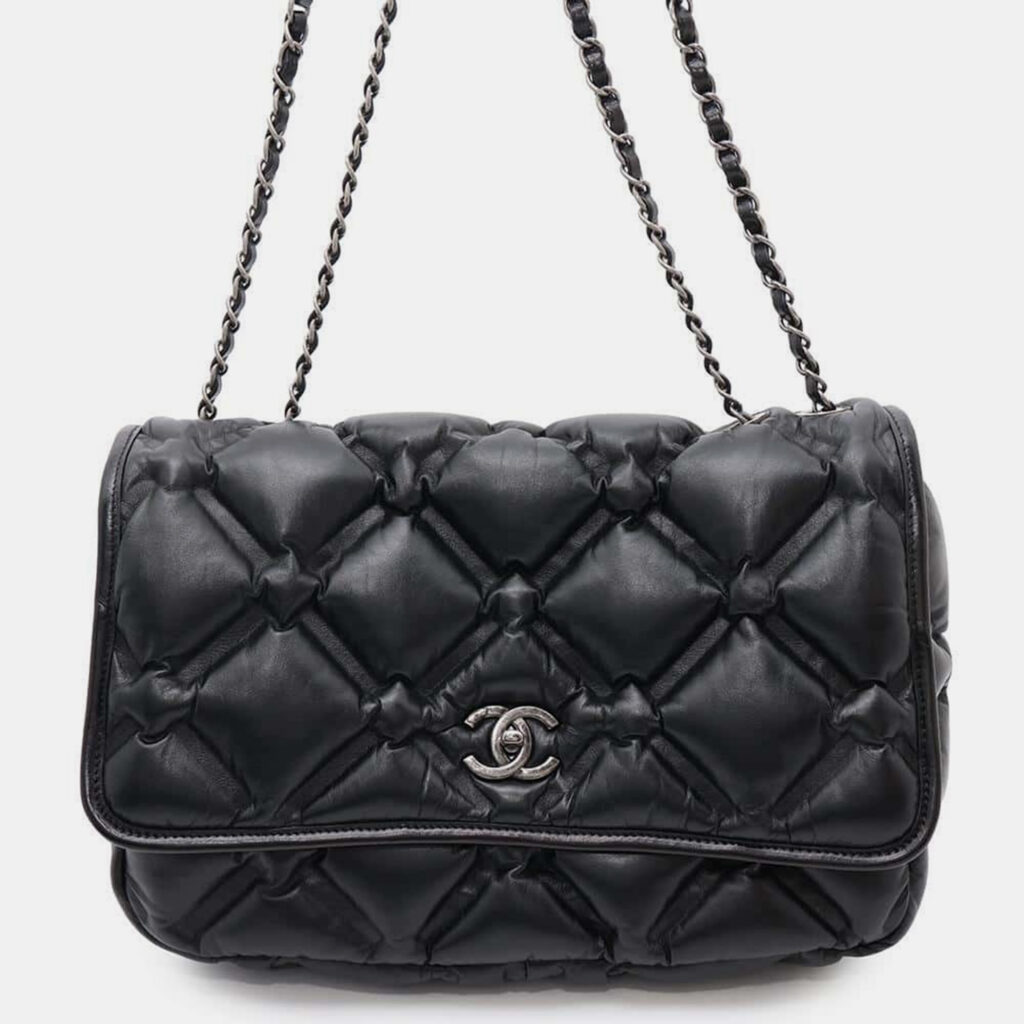 luxury-women-chanel-used-handbags-p1111146-002 Chanel Black Lambskin Bubble Leather Chain Shoulder Bag