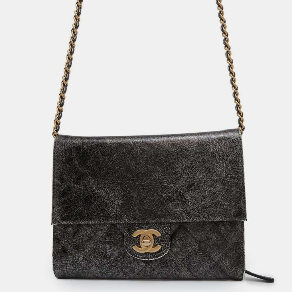 luxury-women-chanel-used-handbags-p1111150-011 Chanel Silver/Black Cc Logo Turnlock Chain Leather Shoulder Bag