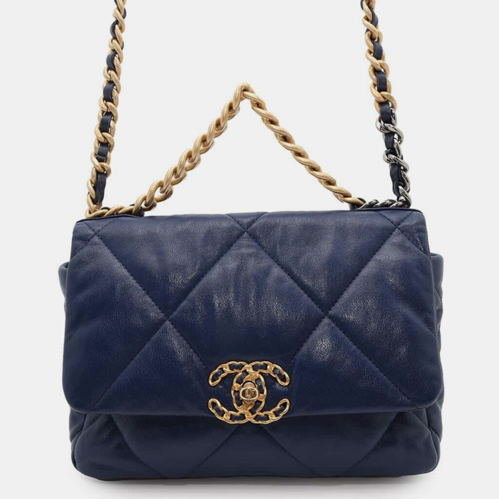 luxury-women-chanel-used-handbags-p1111151-014 Chanel Blue Lambskin Leather 19 Flap Chain Shoulder Bag