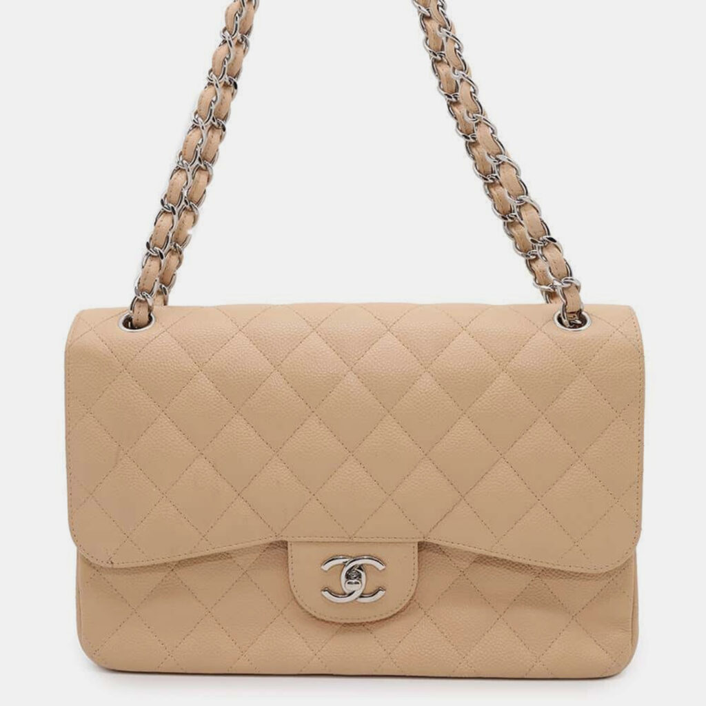 luxury-women-chanel-used-handbags-p1111166-018 Chanel Beige Caviar Leather Double Flap Shoulder Bag