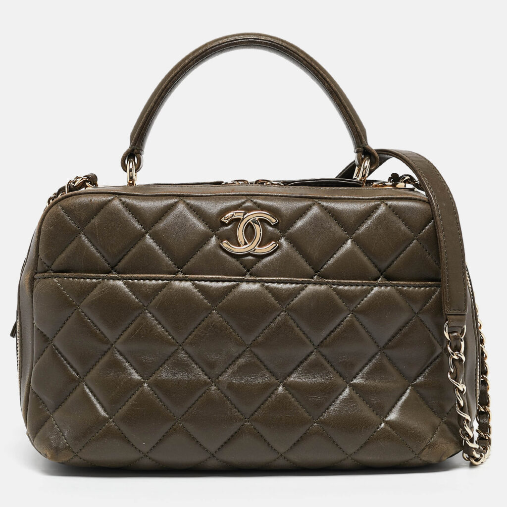luxury-women-chanel-used-handbags-p1112028-015 Chanel Green Quilted Leather Medium Trendy CC Bowling Bag