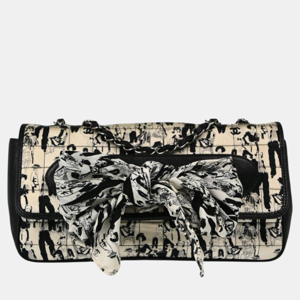 luxury-women-chanel-used-handbags-p1112295-001 Chanel Black White Silk Lambskin Leather Choco Bar Shoulder Bag