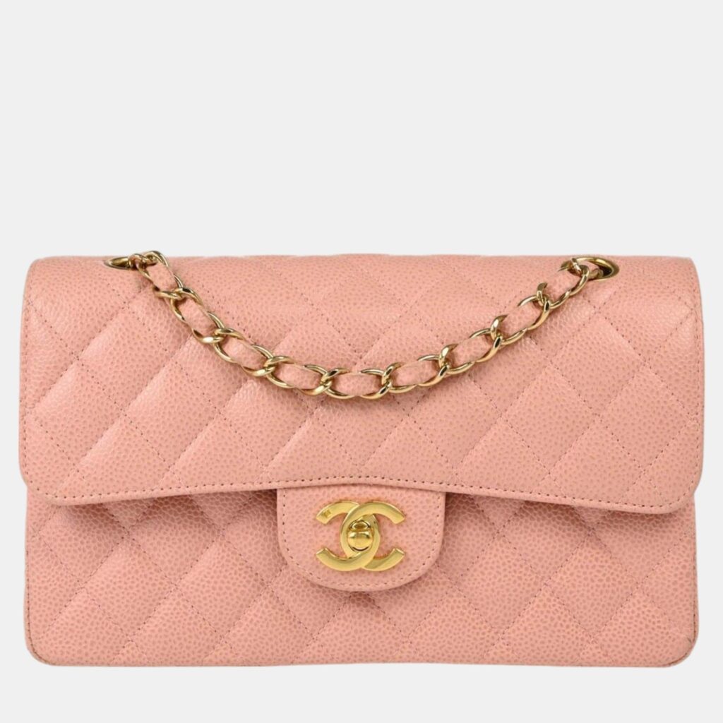 luxury-women-chanel-used-handbags-p1112315-002 Chanel Pink Calfskin Small Classic Double Flap Shoulder Bag