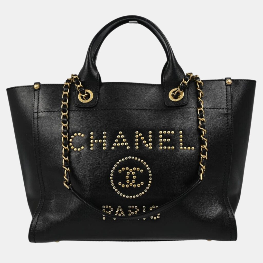 luxury-women-chanel-used-handbags-p1112355-001 Chanel Black Calfskin Leather Small Deauville Tote Bag