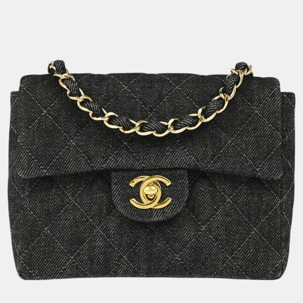 luxury-women-chanel-used-handbags-p1112362-002 Chanel Black Denim Mini Classic Square Flap Shoulder Bag