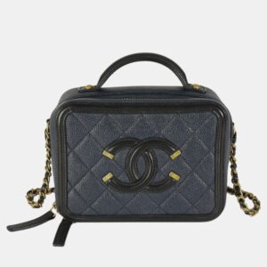 Chanel Black Navy Quilted Caviar Small CC FIligree Vanity Case