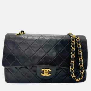 Chanel Black Lambskin Leather Double Flap Chain Shoulder Bag