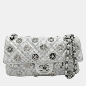 Chanel Silver Leather Perforated Chain Shoulder Bag