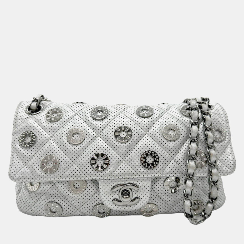 luxury-women-chanel-used-handbags-p1124375-008 Chanel Silver Leather Perforated Chain Shoulder Bag