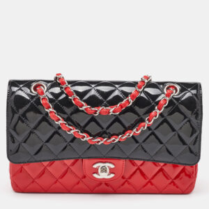 Chanel Black/Red Quilted Patent Leather Medium Classic Double Flap Bag