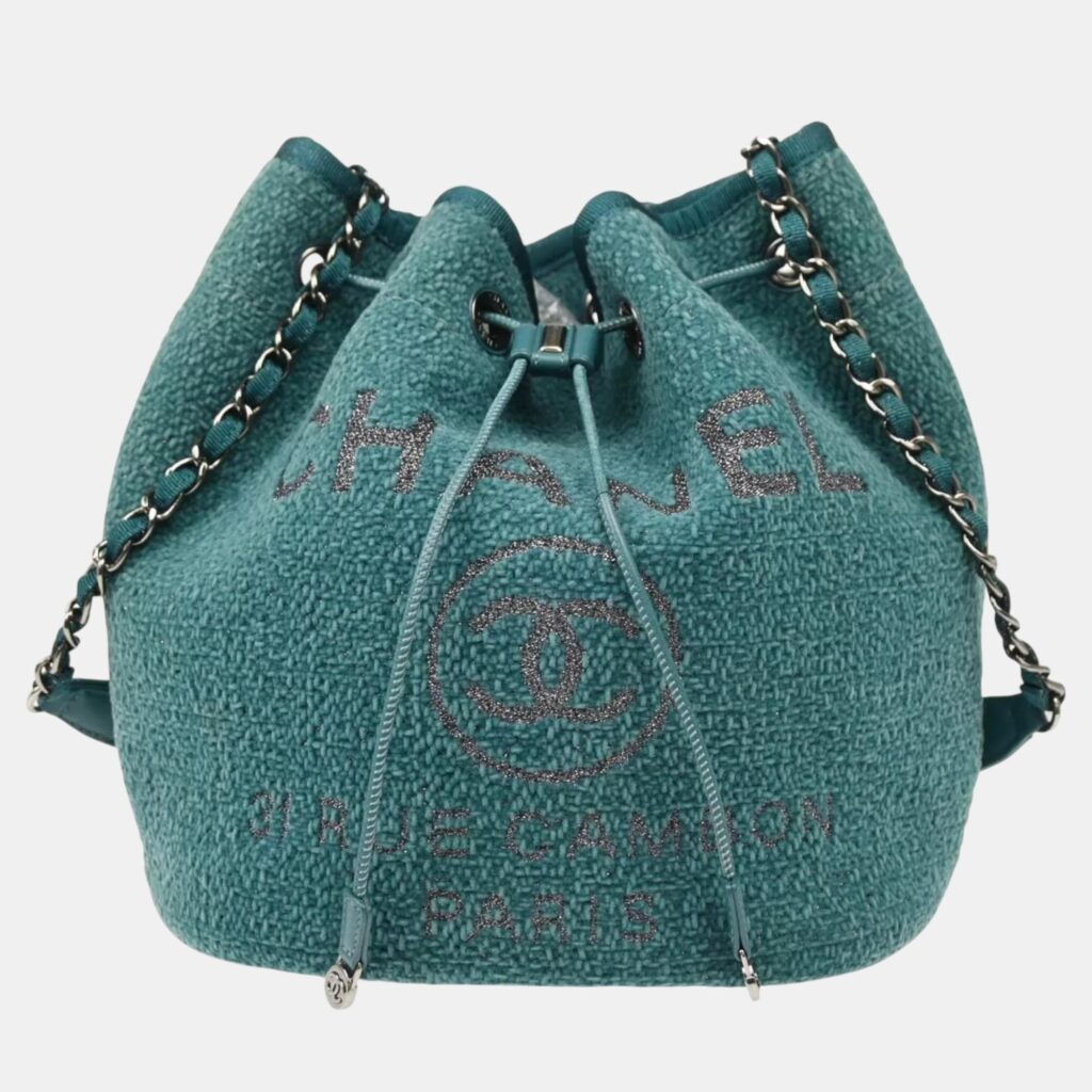 luxury-women-chanel-used-handbags-p1127510-002 Chanel Green Fabric Deauville Bucket Bag