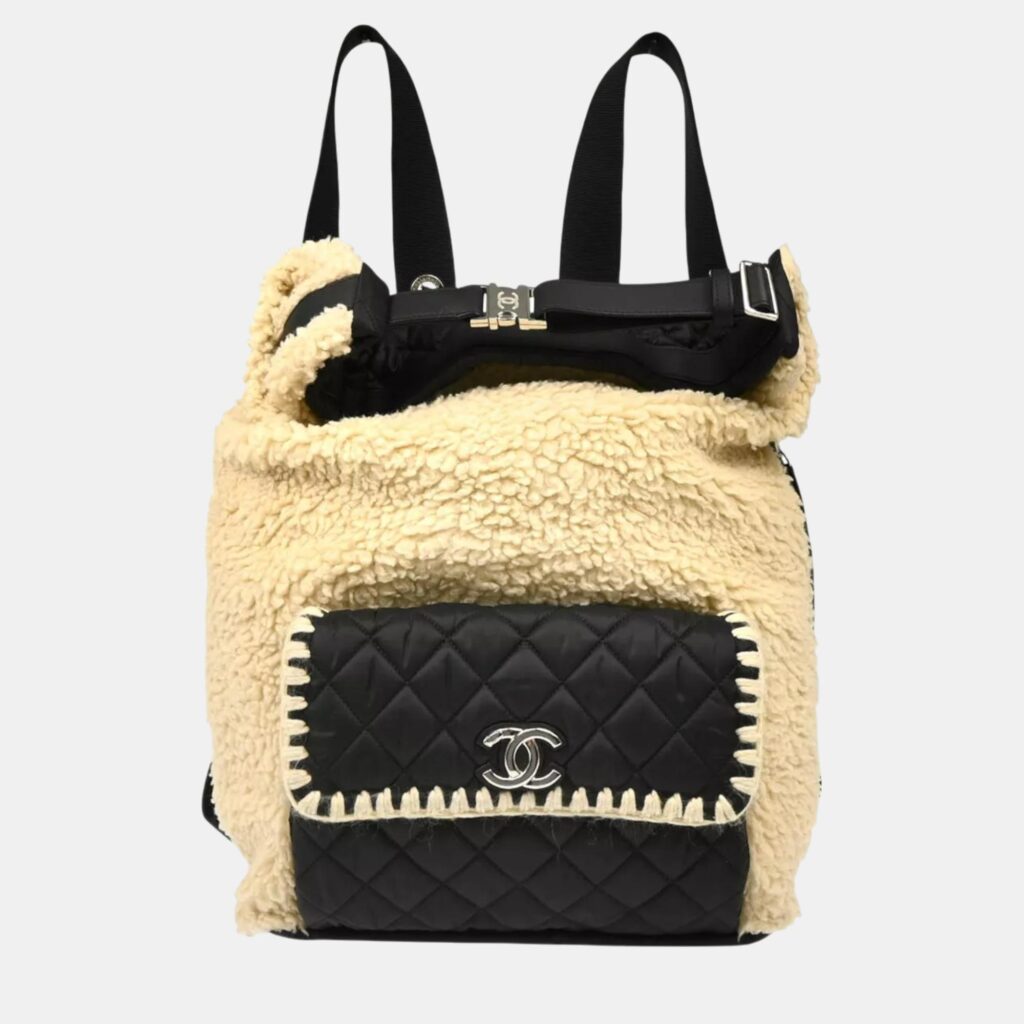 luxury-women-chanel-used-handbags-p1127531-001 Chanel White Black Wool Nylon Backpack