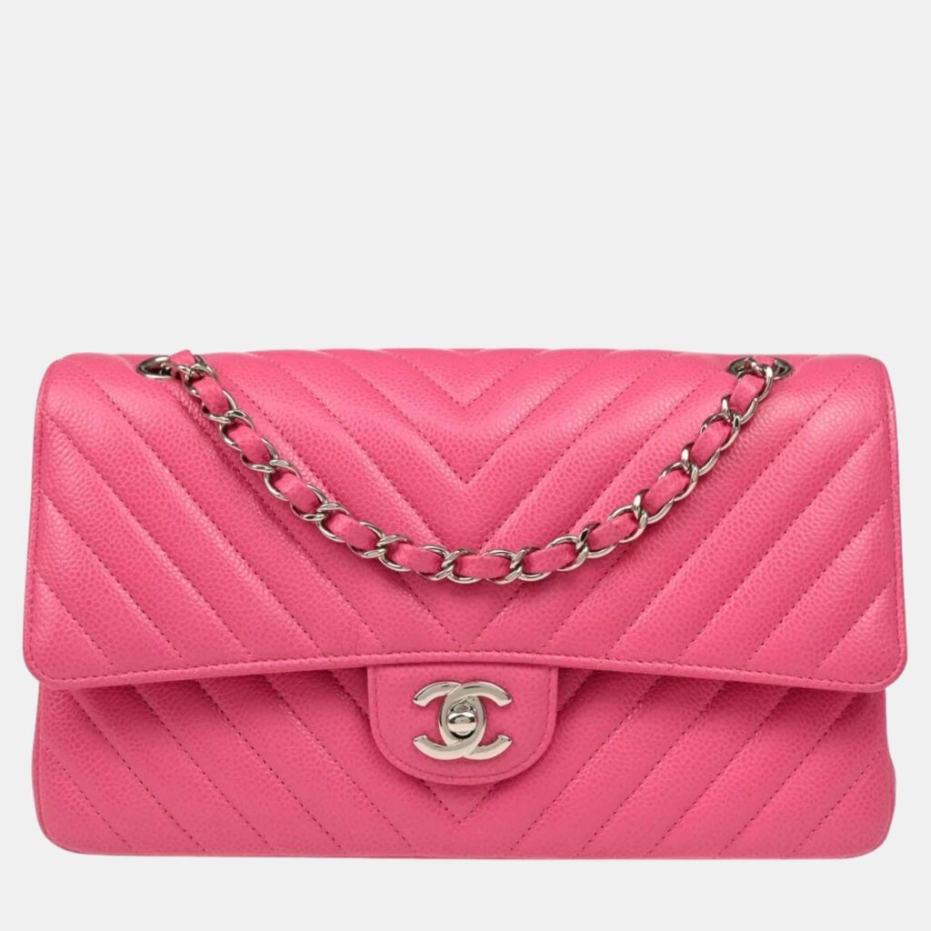 luxury-women-chanel-used-handbags-p1127558-001 Chanel Pink Chevron Leather Medium Classic Double Flap Shoulder Bag