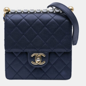 Chanel Navy Blue Lambskin Small Chic Pearls Flap Shoulder Bag