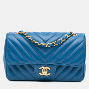 Chanel Blue Lambskin Leather Mini Rectangular Classic Chevron Single Flap Bag