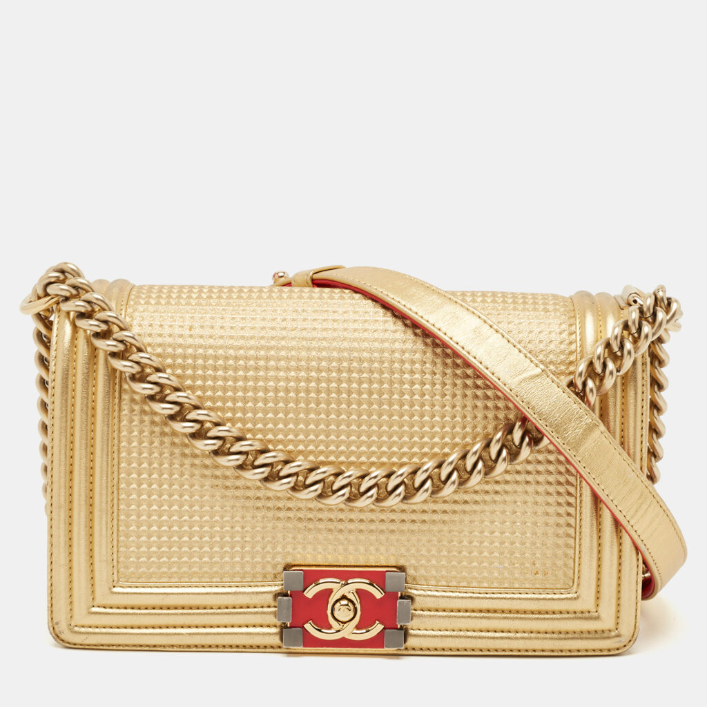 luxury-women-chanel-used-handbags-p1129362-001 Chanel Gold/Red Cube Embossed Leather Medium Boy Flap Bag