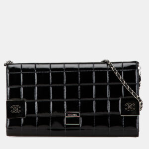 Chanel Black Patent Leather CC Chocolate Bar Clutch on Chain