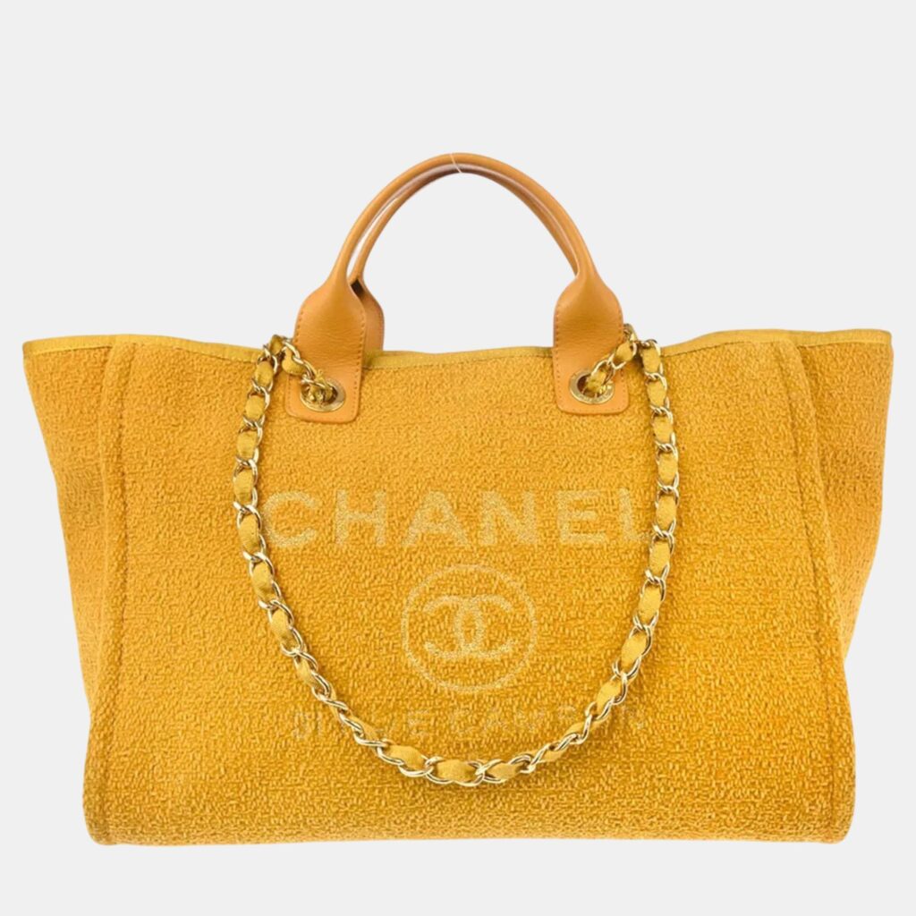luxury-women-chanel-used-handbags-p1132652-002 Chanel Yellow Fabric Medium Deauville Tote Bag