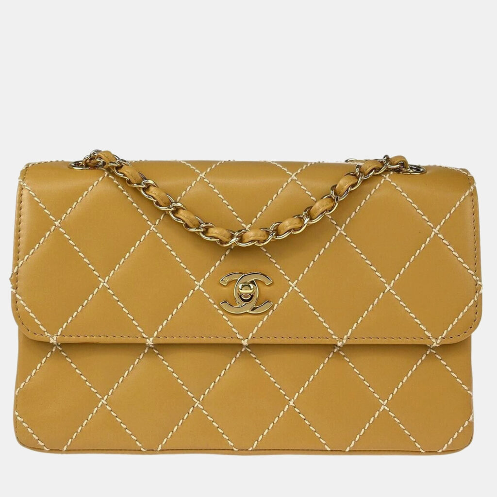 luxury-women-chanel-used-handbags-p1134591-001 Chanel Beige Calfskin Wild Stitch Straight Flap Shoulder Bag