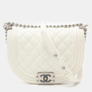 Chanel White Quilted Caviar Boy Messenger Bag