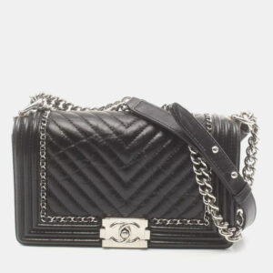 Chanel Black Chevron Leather and Tweed Medium Boy Flap Bag